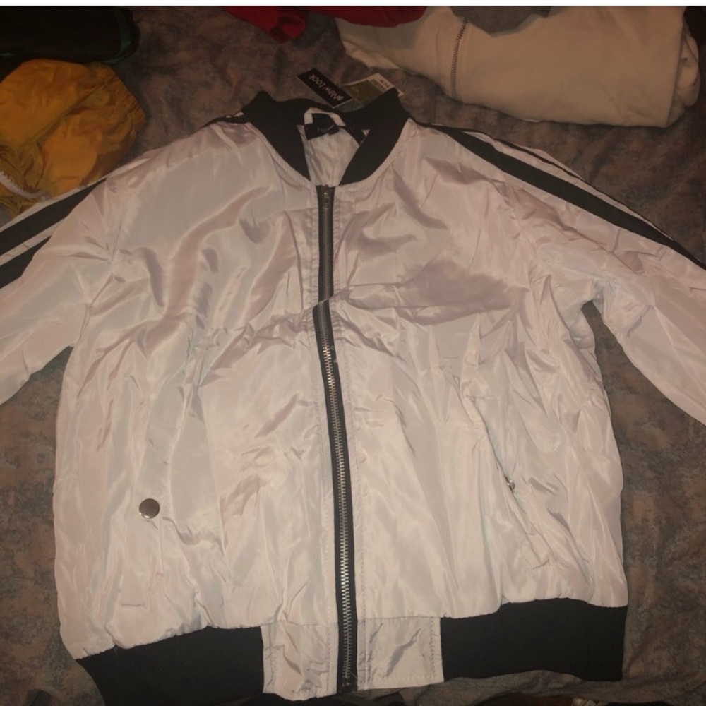 White bomber with black strips